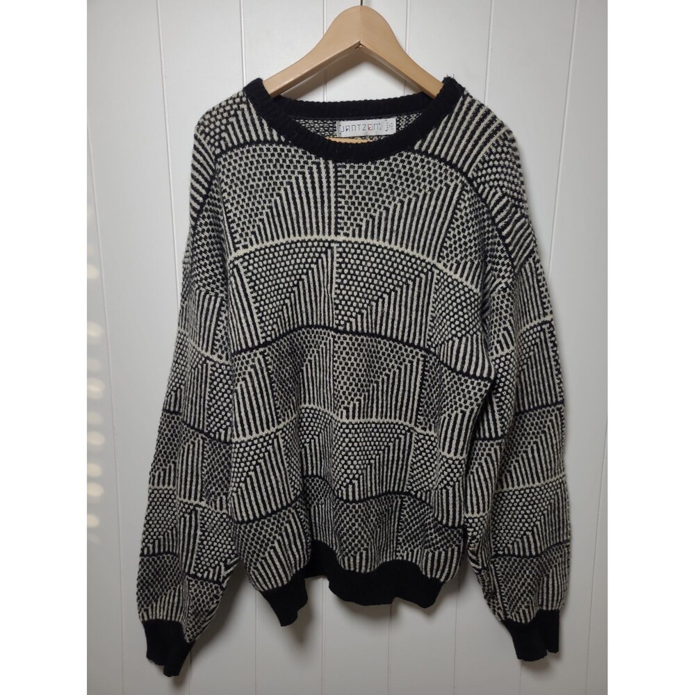 Vintage 90s Jantzen Black Patterned Sweater Mens L Crewneck Pullover Made in USA